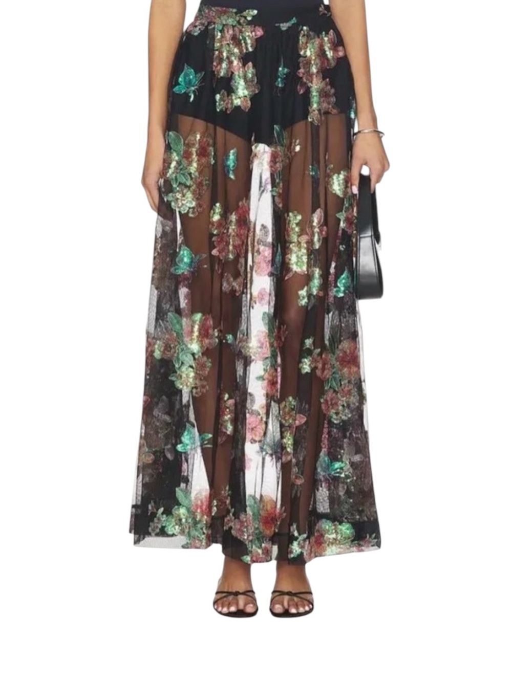 Free People Fioritura Sequin Floral Sheer Maxi Skirt Black Multi Size 4 NWT - Picture 6 of 8